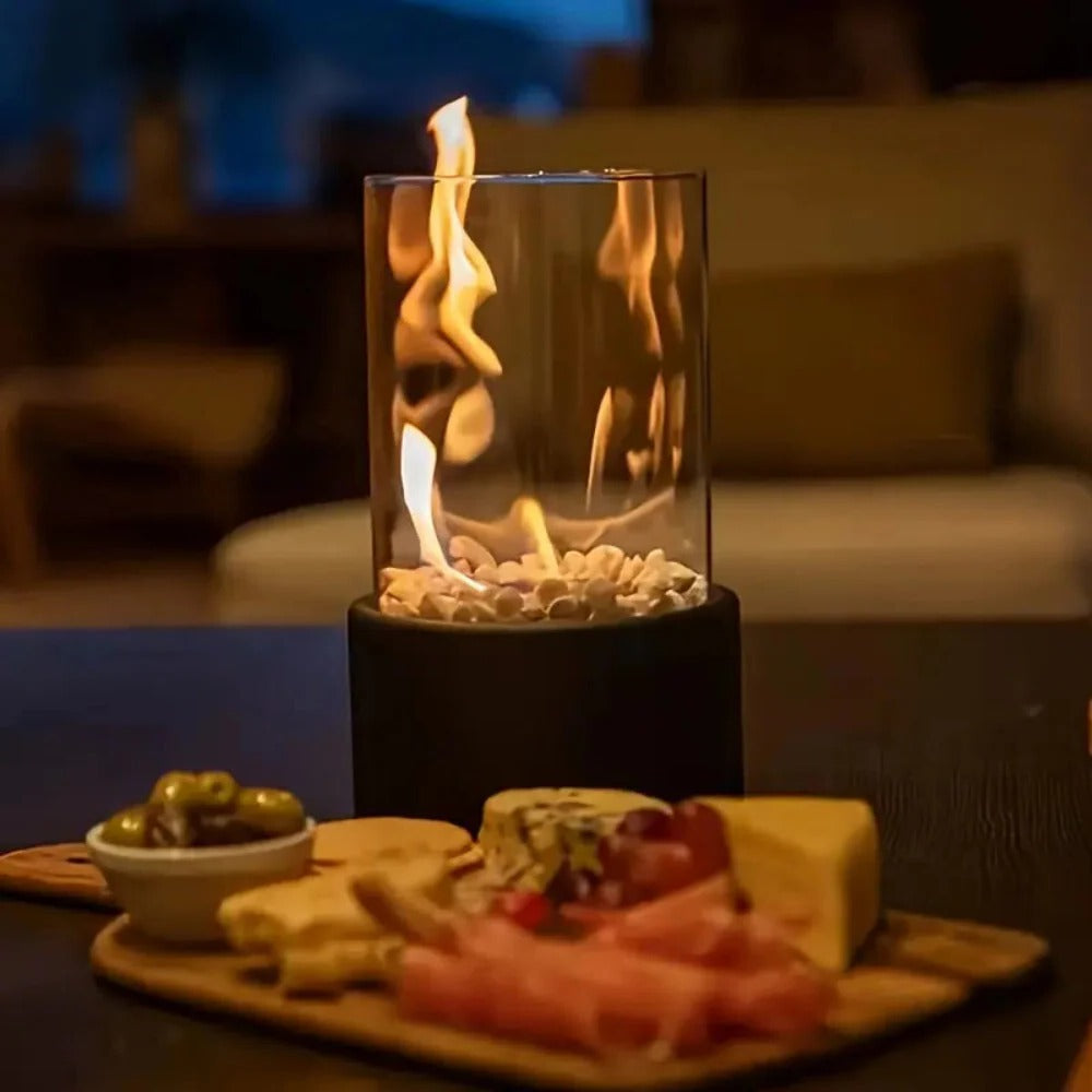 Tabletop Bioethanol Fireplace with Clear Glass Panels and Metal Base