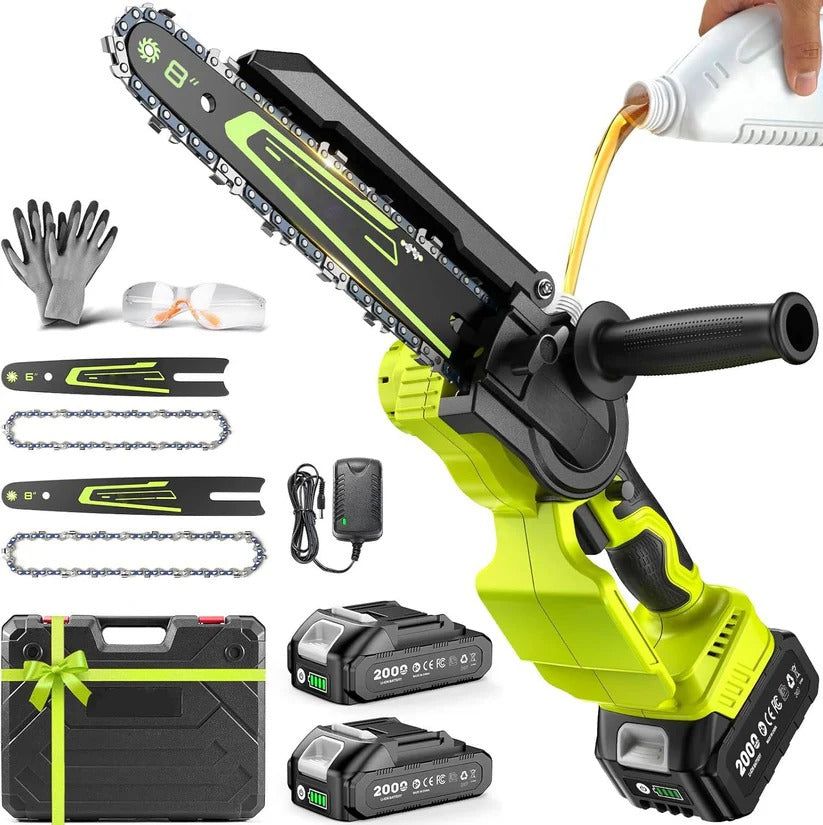 Cordless Mini Chainsaw with Dual Interchangeable Bars and Dual Batteries, 60-Minute Runtime