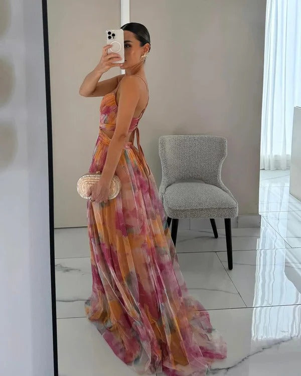 Sleeveless Maxi Dress with Adjustable Back Straps and Printed Pattern, Machine Washable