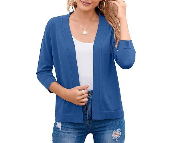 Open Front Cropped Cardigan with 3/4 Sleeves and Drop Shoulder, Viscose Blend