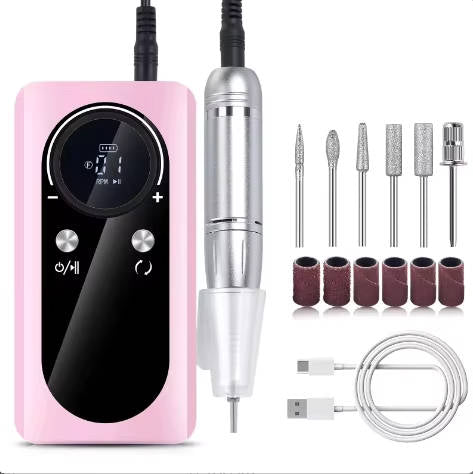 Rechargeable Nail Drill with Six Metal Bits and LCD Display, 45000 RPM