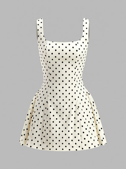 Printed Mini Dress with Square Neckline and Invisible Zipper, Sleeveless