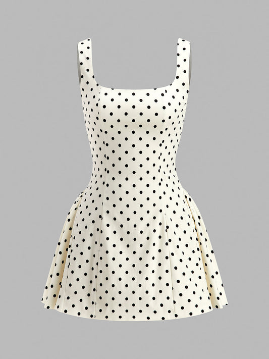 Printed Mini Dress with Square Neckline and Invisible Zipper, Sleeveless