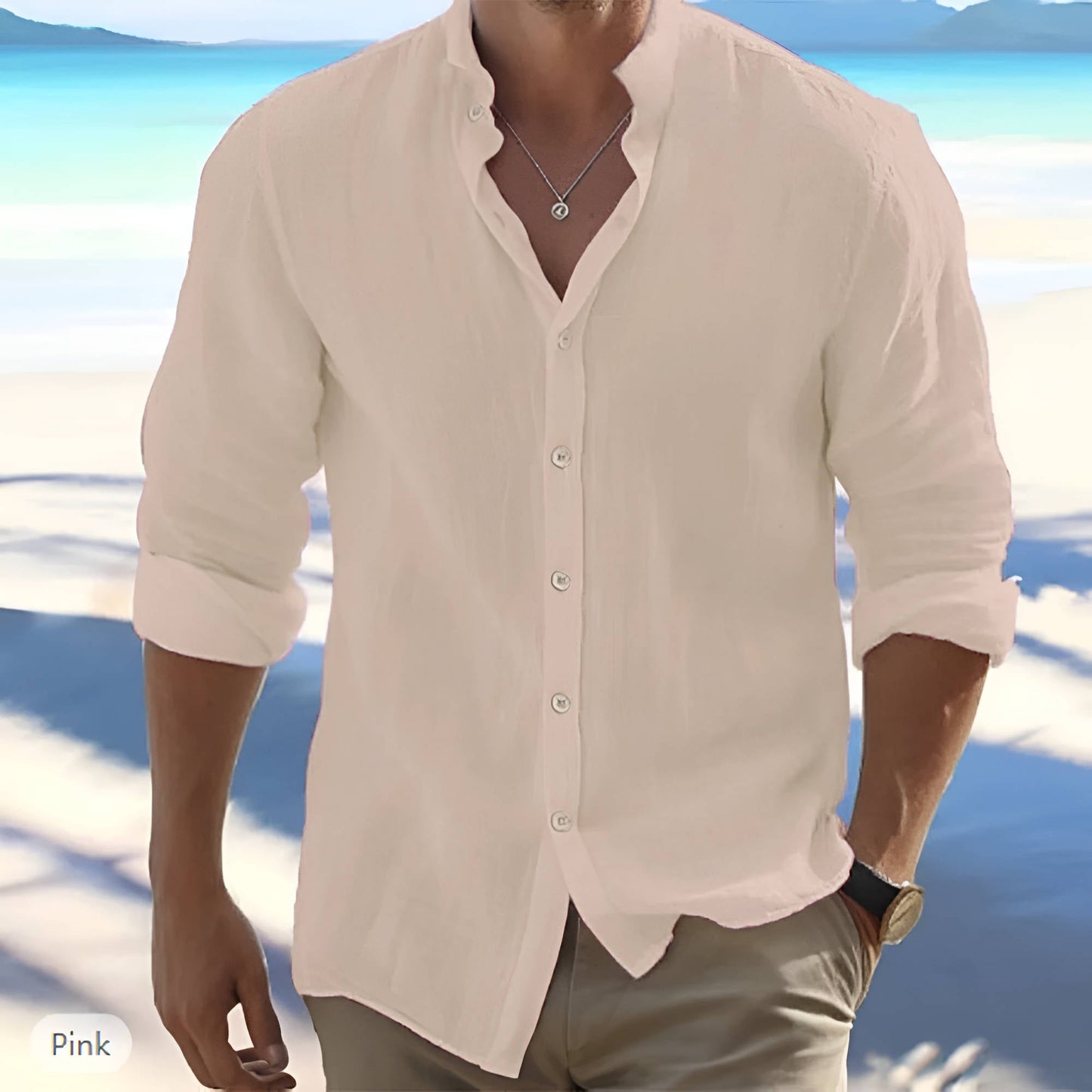 Cotton Blend Long Sleeve Shirt with Adjustable Cuffs and Stand Collar