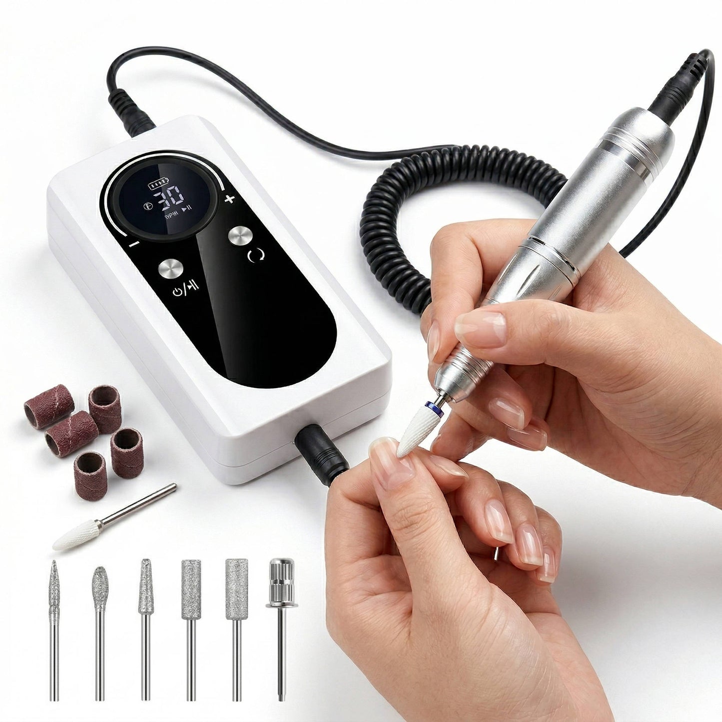 Rechargeable Nail Drill with Six Metal Bits and LCD Display, 45000 RPM