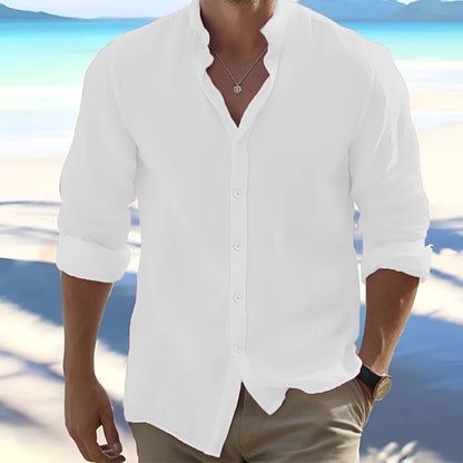 Cotton Blend Long Sleeve Shirt with Adjustable Cuffs and Stand Collar