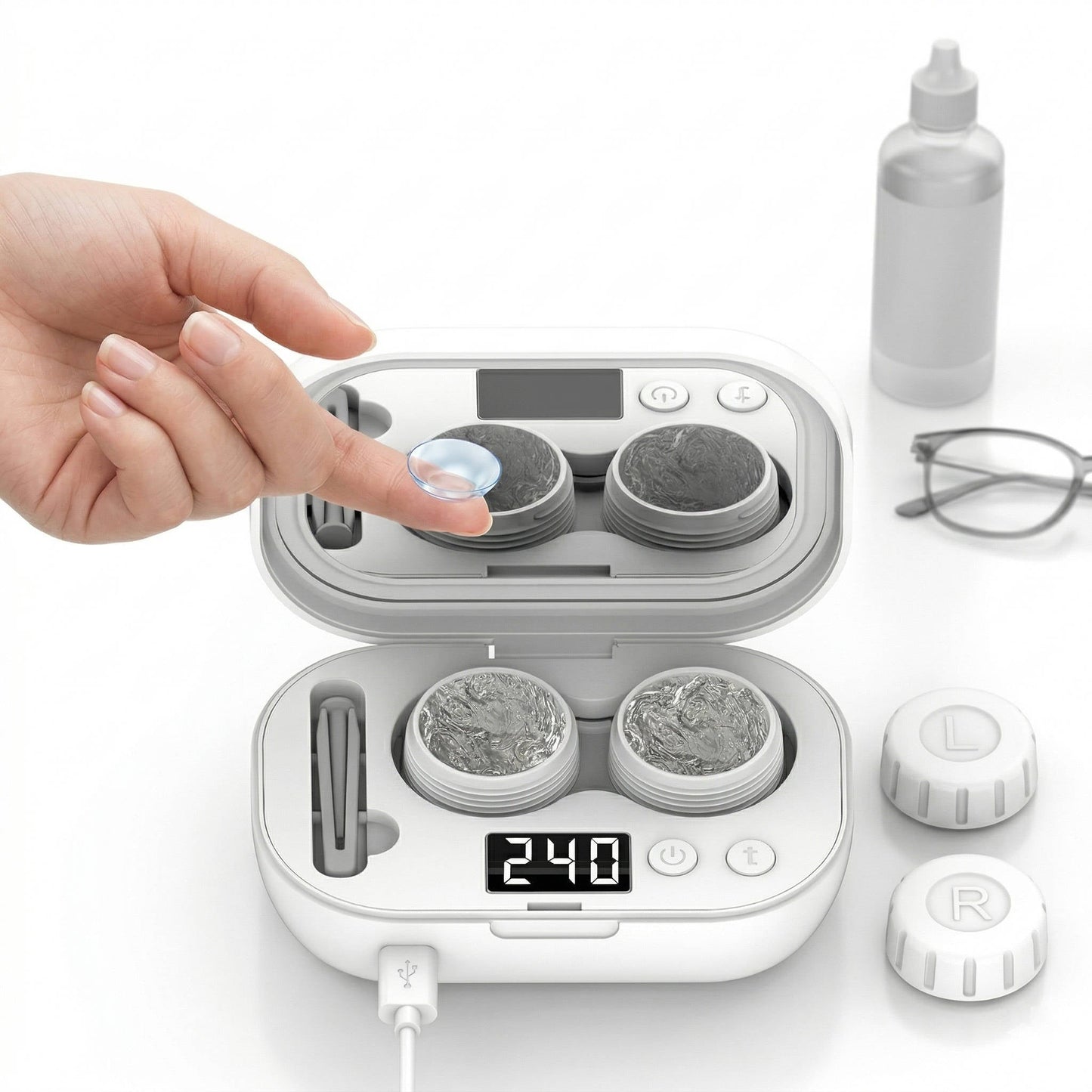 Ultrasonic Contact Lens Cleaner with Dual Chamber and USB Rechargeable Battery, 47,000Hz