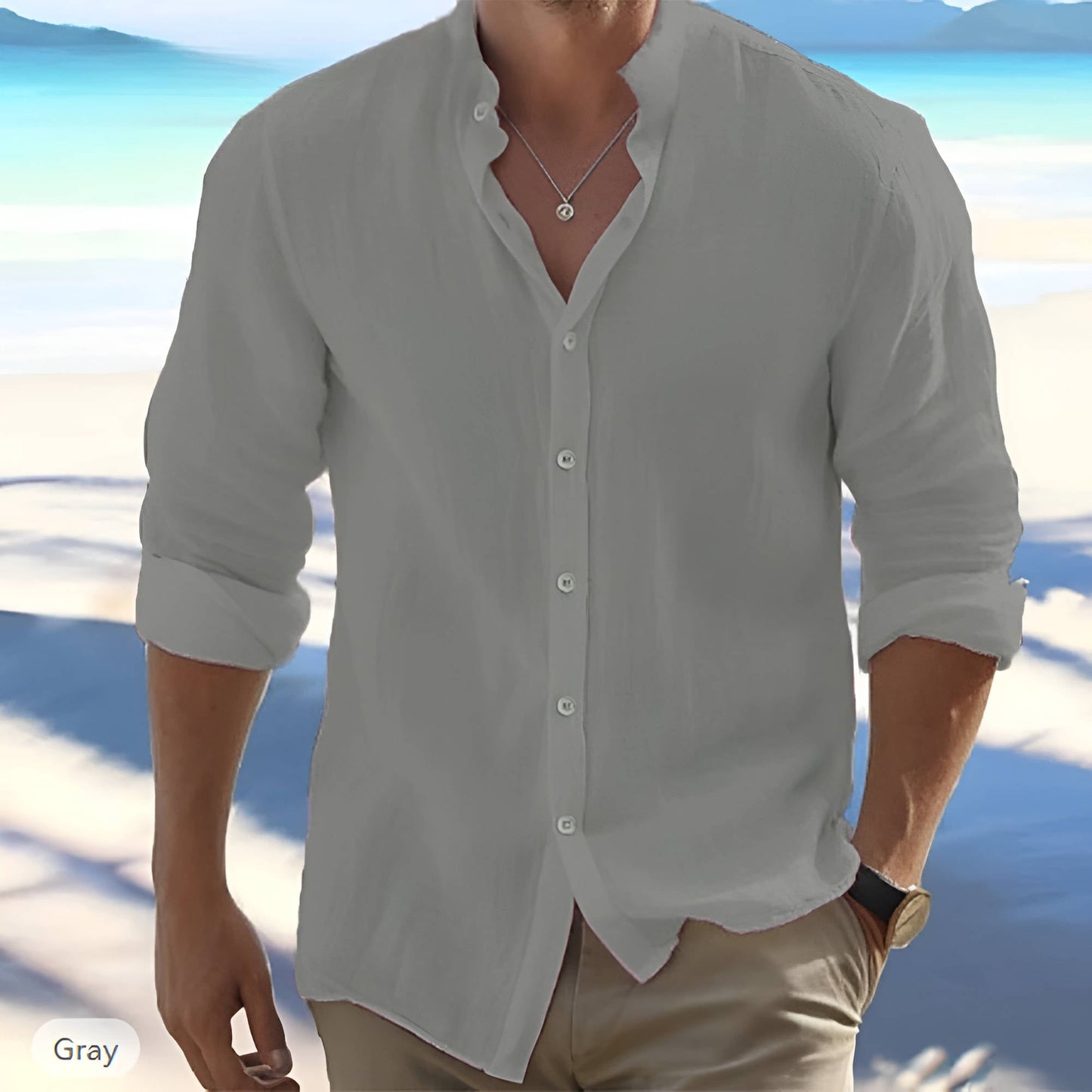Cotton Blend Long Sleeve Shirt with Adjustable Cuffs and Stand Collar