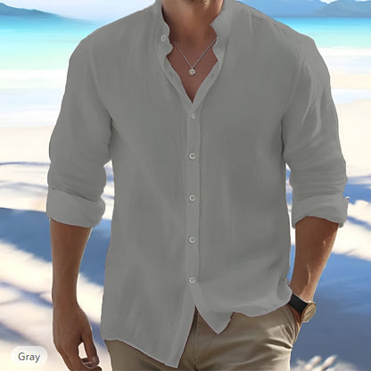 Cotton Blend Long Sleeve Shirt with Adjustable Cuffs and Stand Collar