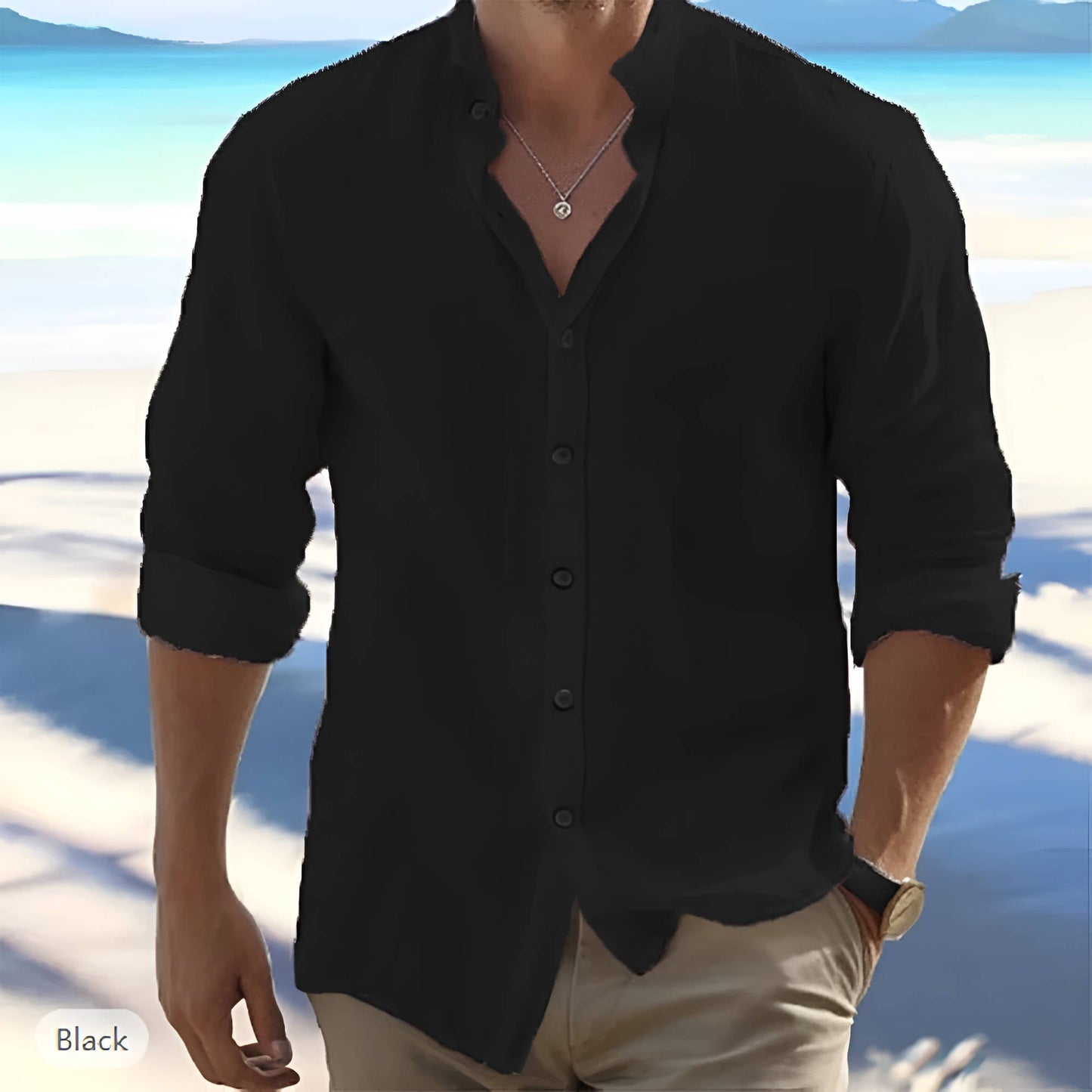 Cotton Blend Long Sleeve Shirt with Adjustable Cuffs and Stand Collar