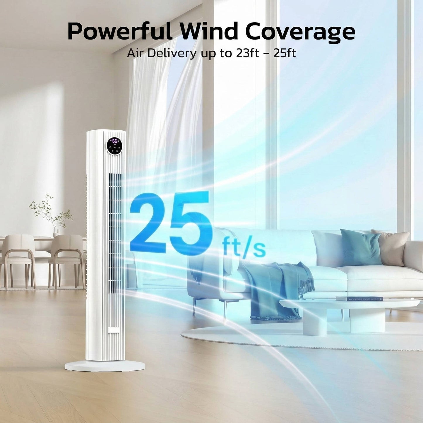Oscillating Tower Fan with 90-Degree Sweep and Remote Control, 4-Speed Modes