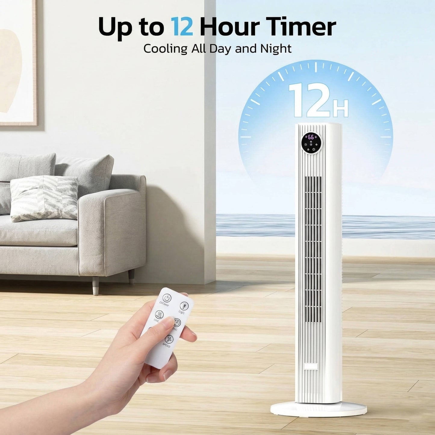 Oscillating Tower Fan with 90-Degree Sweep and Remote Control, 4-Speed Modes