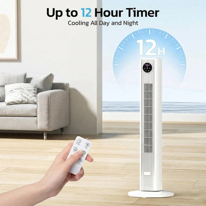 Oscillating Tower Fan with 90-Degree Sweep and Remote Control, 4-Speed Modes