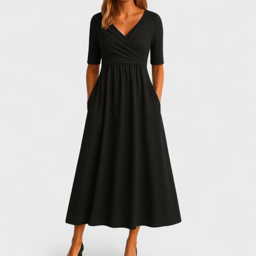 Women's V Neck Midi Dress with A Line Silhouette and Short Sleeves
