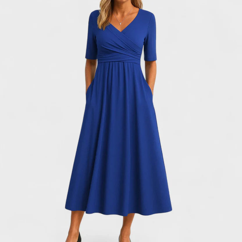 Women's V Neck Midi Dress with A Line Silhouette and Short Sleeves