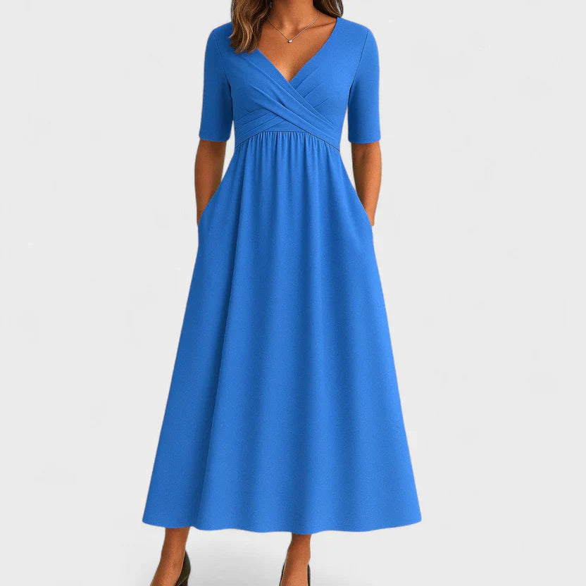Women's V Neck Midi Dress with A Line Silhouette and Short Sleeves