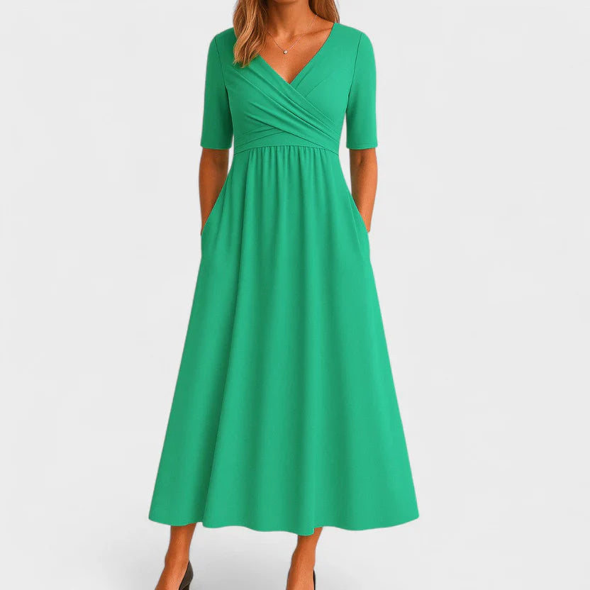 Women's V Neck Midi Dress with A Line Silhouette and Short Sleeves
