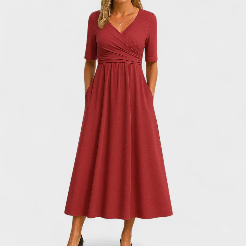 Women's V Neck Midi Dress with A Line Silhouette and Short Sleeves