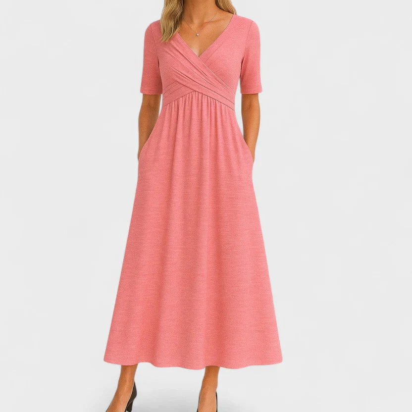 Women's V Neck Midi Dress with A Line Silhouette and Short Sleeves