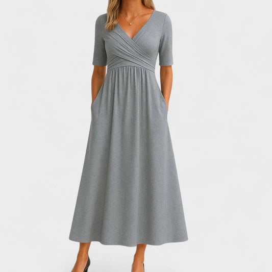Women's V Neck Midi Dress with A Line Silhouette and Short Sleeves