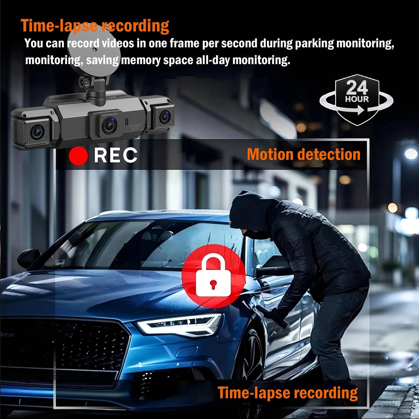 Four Camera Dash Cam with 1920P Front and Infrared Night Vision, App Control