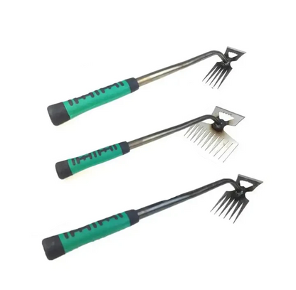 Manual Long-Handled Weed Puller with Pointed Metal Prongs