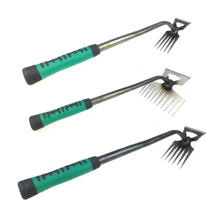 Manual Long-Handled Weed Puller with Pointed Metal Prongs