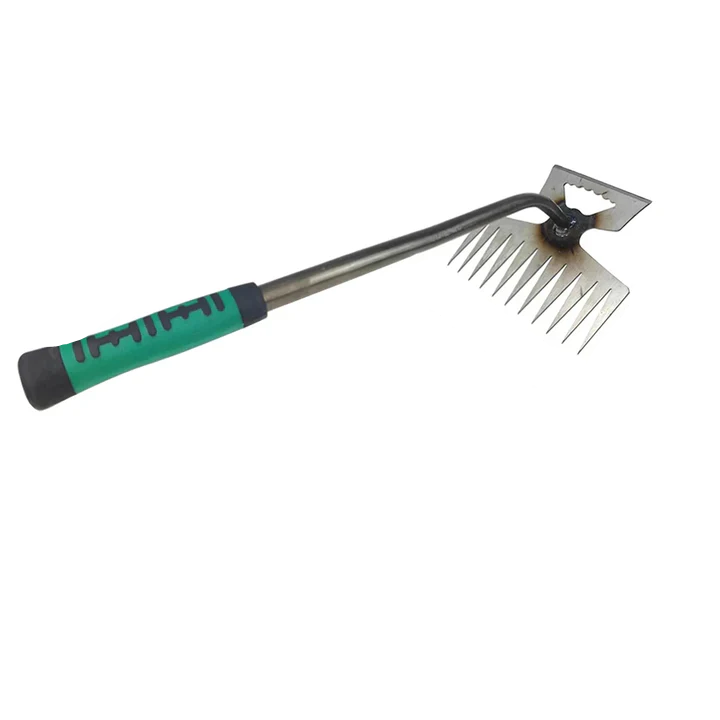 Manual Long-Handled Weed Puller with Pointed Metal Prongs