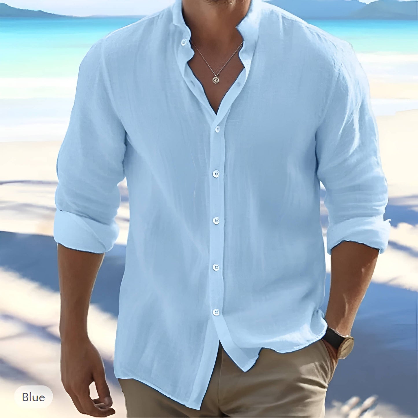Cotton Blend Long Sleeve Shirt with Adjustable Cuffs and Stand Collar