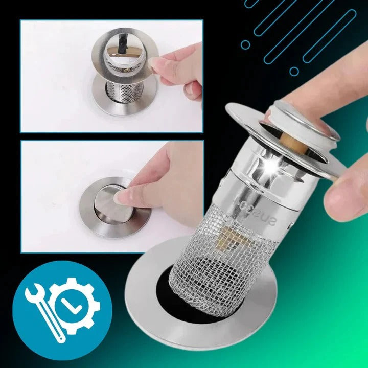 Pop Up Sink Stopper with Dual Silicone Seal and Built-In Strainer Basket