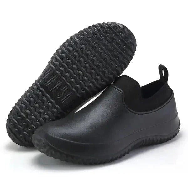 Liquid-Resistant Work Shoes with Slip Entry Design and Grip Sole