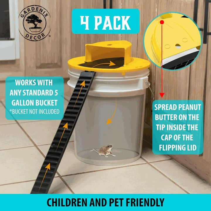 Bucket Lid Rodent Trap with Auto Reset Mechanism and 10-Mouse Capacity, 4-Pack