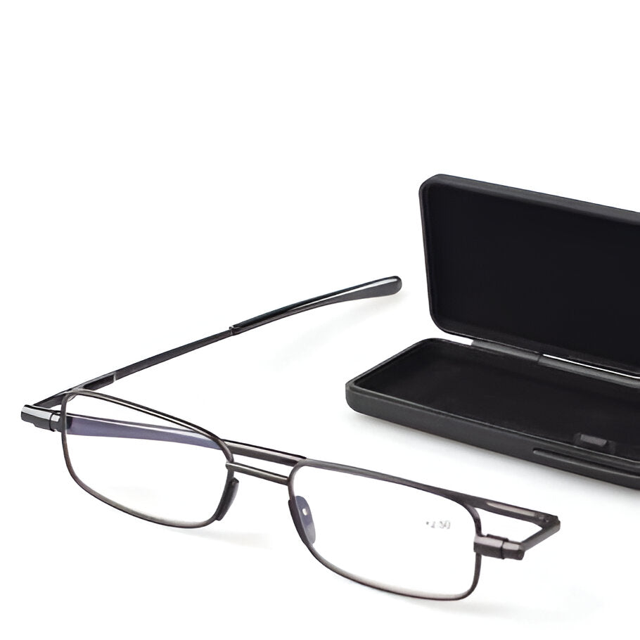 Foldable Reading Glasses with Spring-Loaded Hinge and Carrying Case
