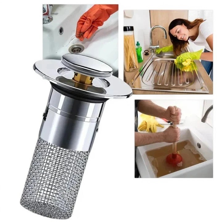 Pop Up Sink Stopper with Dual Silicone Seal and Built-In Strainer Basket