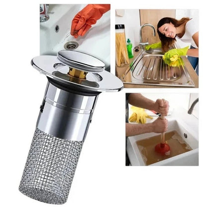 Pop Up Sink Stopper with Dual Silicone Seal and Built-In Strainer Basket