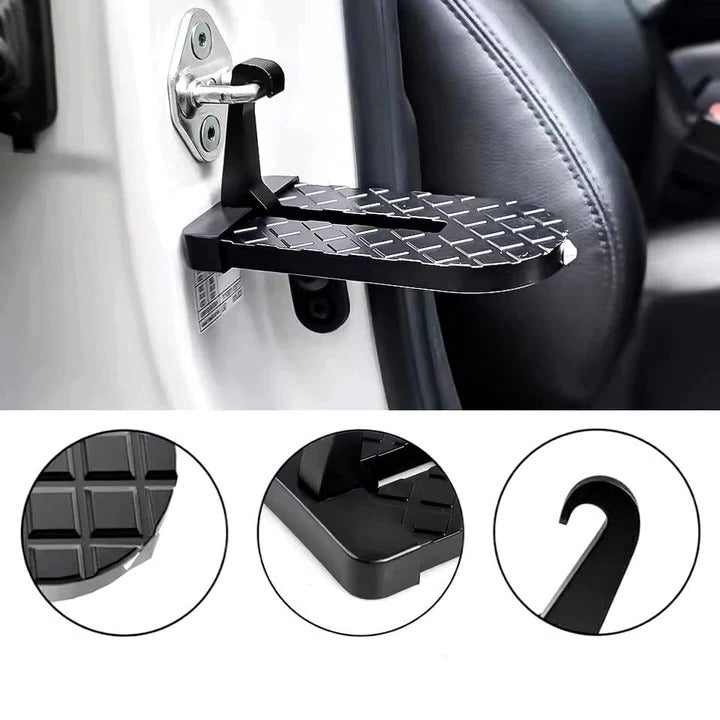 Foldable Car Door Step with Textured Grip and Emergency Window Breaker, Aluminum Construction