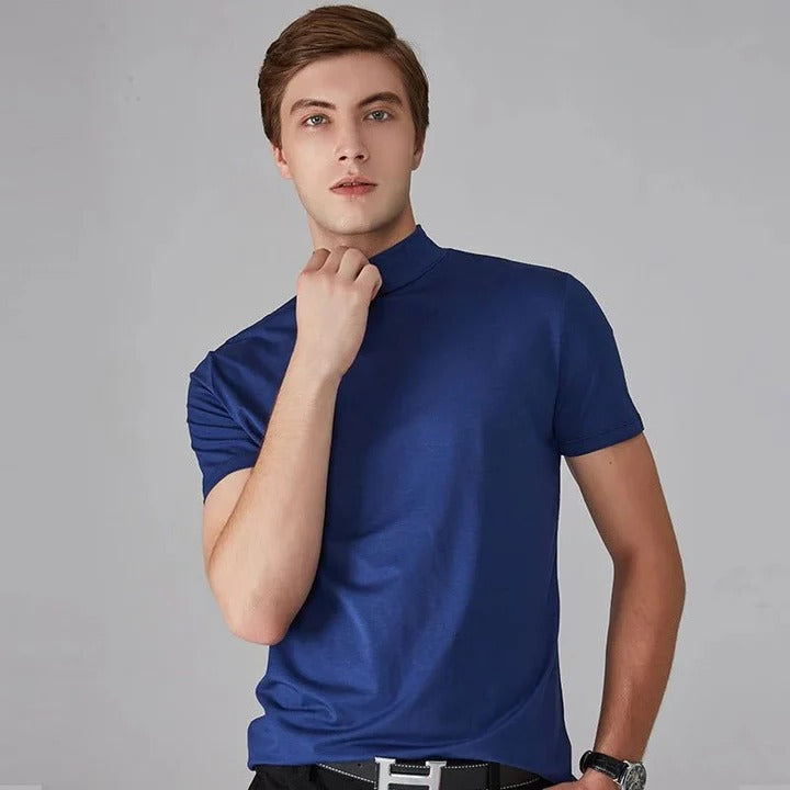 Men's Turtleneck Shirt with Cotton Blend Fabric and High Neck Design