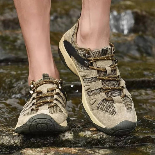 Hiking Shoes with Ankle Support and Deep Tread, Leather Mesh Upper