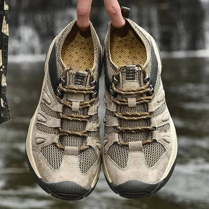 Hiking Shoes with Ankle Support and Deep Tread, Leather Mesh Upper