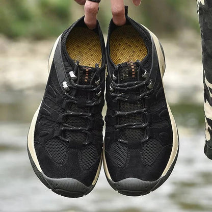Hiking Shoes with Ankle Support and Deep Tread, Leather Mesh Upper