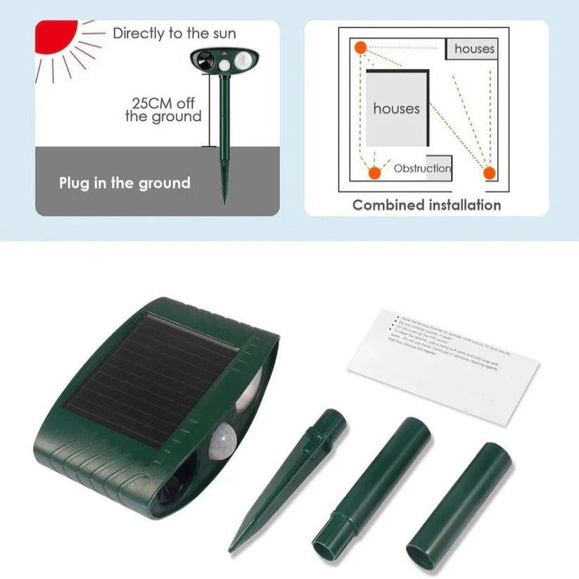 Motion Activated Garden Repeller with Ultrasonic Sound and Flashing Lights, Solar Powered
