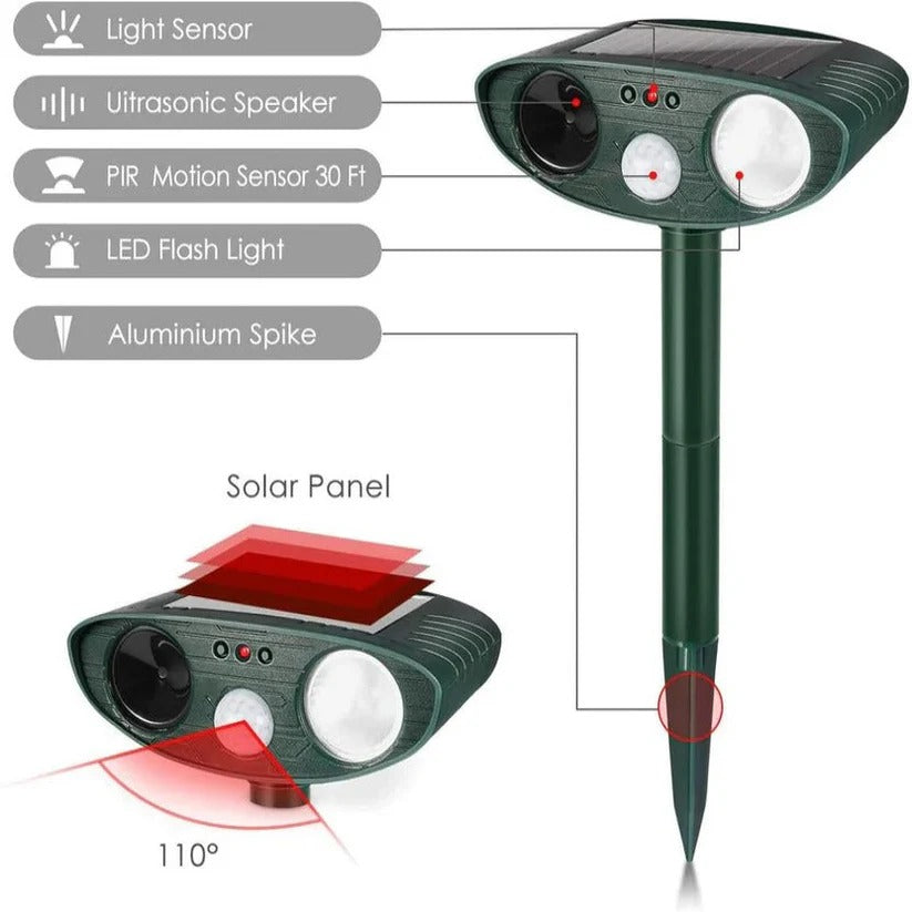 Motion Activated Garden Repeller with Ultrasonic Sound and Flashing Lights, Solar Powered