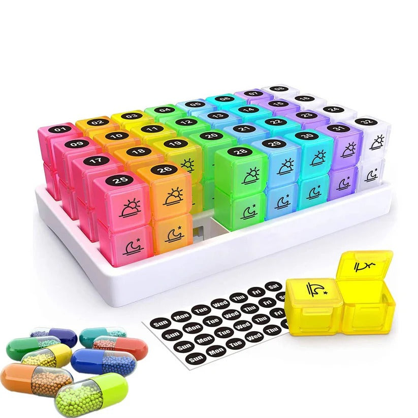 Monthly Pill Organizer with 31 Pop Out Boxes and AM/PM Compartments, Storage Case Included