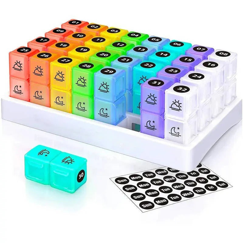 Monthly Pill Organizer with 31 Pop Out Boxes and AM/PM Compartments, Storage Case Included