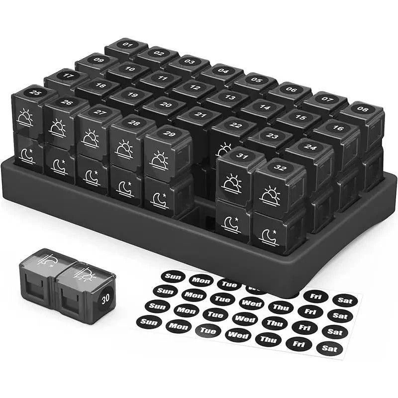 Monthly Pill Organizer with 31 Pop Out Boxes and AM/PM Compartments, Storage Case Included