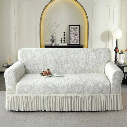 Jacquard Sofa Cover with Sunflower Print and Elastic Skirt, Machine Washable