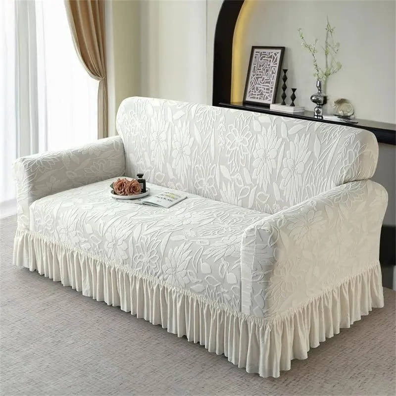 Jacquard Sofa Cover with Sunflower Print and Elastic Skirt, Machine Washable