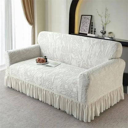 Jacquard Sofa Cover with Sunflower Print and Elastic Skirt, Machine Washable