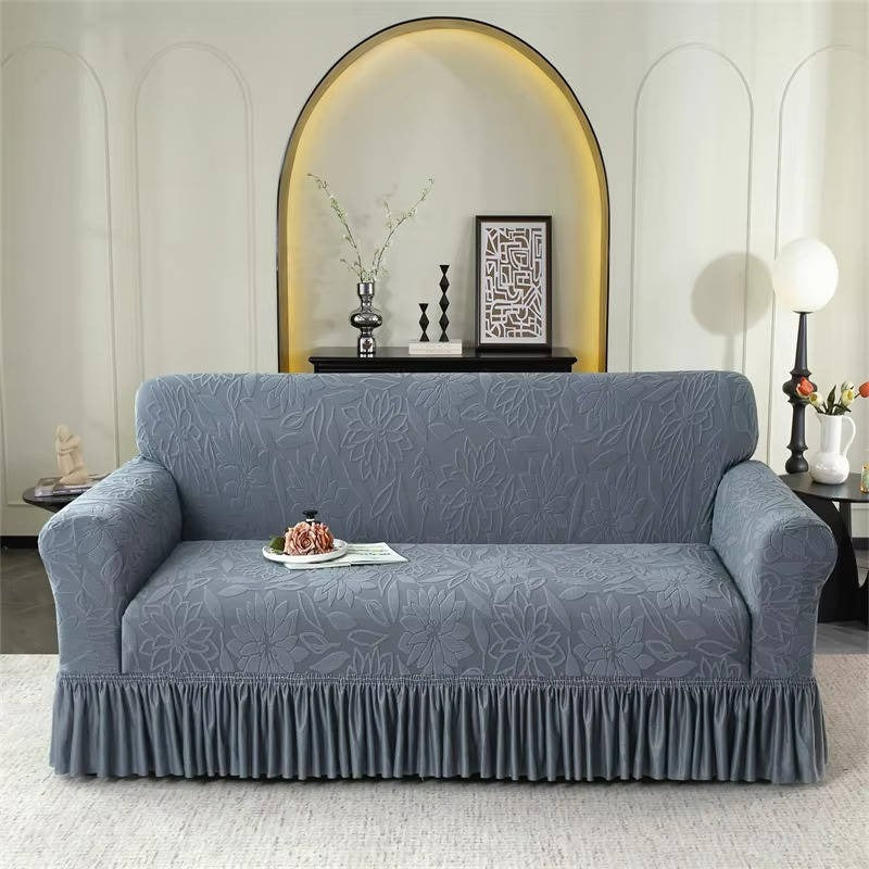 Jacquard Sofa Cover with Sunflower Print and Elastic Skirt, Machine Washable