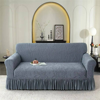 Jacquard Sofa Cover with Sunflower Print and Elastic Skirt, Machine Washable